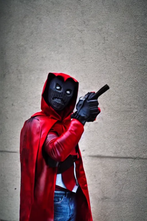 Image similar to red hood cosplay, creepy, disturbing, bloody, darkness, grainy, urban, jeans, white jacket, no eyes