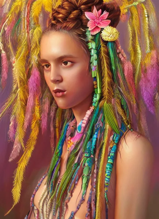 Image similar to beautiful portrait of a mediterranean female wearing fantastic Hand-dyed cotton dress, embellished beaded feather decorative fringe knots ,colorful pigtail,subtropical flowers and plants,symmetrical face,intricate,minority,elegant, highly detailed, 8k,post-processing,digital painting, trending on artstation, concept art, sharp focus, illustration, by artgerm,Tom Bagshaw,Daniel Gerhartz,Albert Aublet,Lawrence Alma-Tadema
