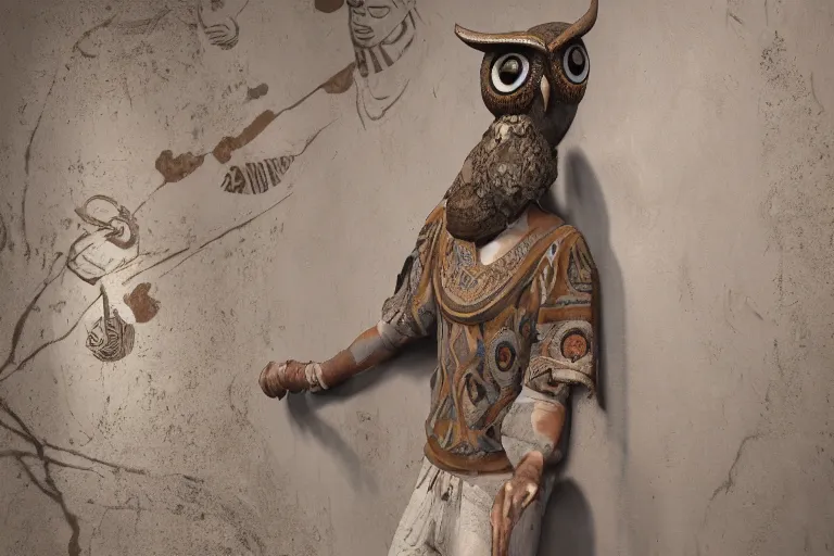 Image similar to brody neuenschwander 3 d art, painted etruscan style figural ceramic figures, lapidary painted and glazed ceramics, owl - bull, peruvian and nazca brocade textiles, octane render, unreal engine, batuan style, ambient lighting, intricate light, detailed, hyper realistic