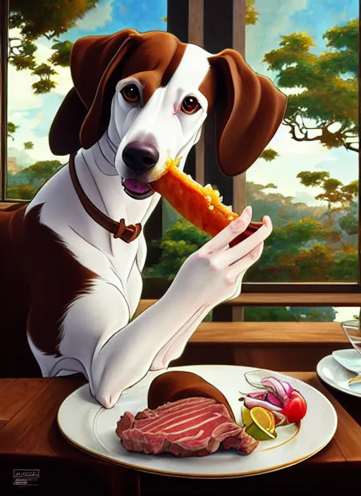 Image similar to cute white brown greyhound eating juicy steak, natural lighting, path traced, highly detailed, high quality, digital painting, by don bluth and ross tran and studio ghibli and alphonse mucha, artgerm