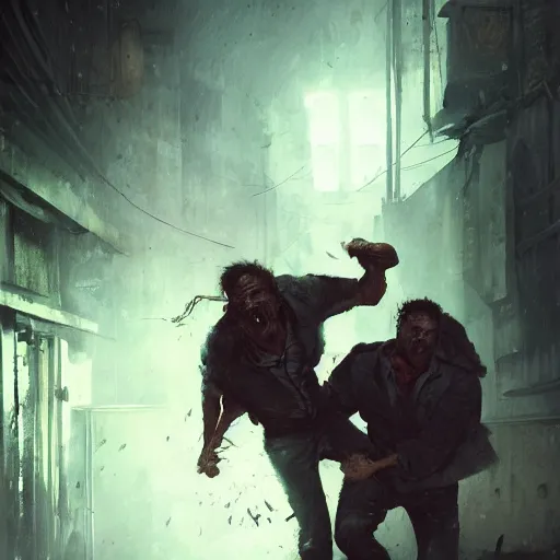 Image similar to original masterpiece artwork of 2 men strangling each other during a fight in an alleyway by greg rutkowski and strewzan, horror, crime, hyperrealistic, octane render, exciting pose, dynamic lighting