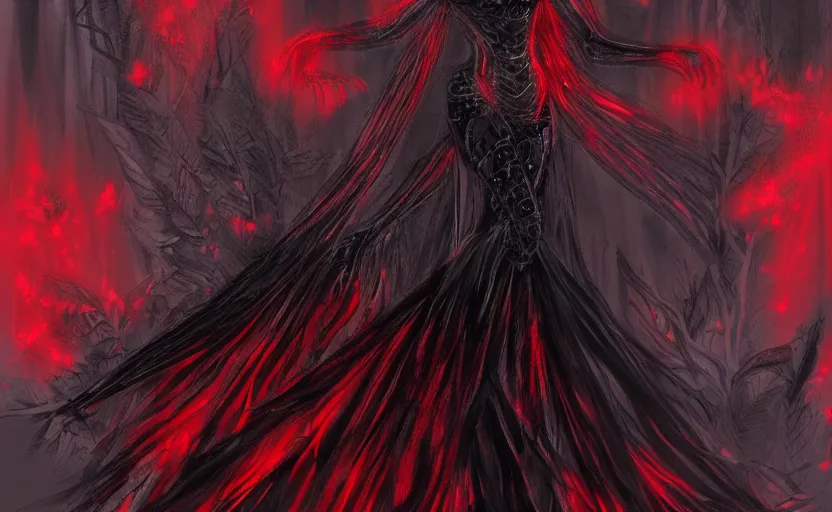 Prompt: Female dark angel in gothic red and black dress, their black wings are extended. She is in the bioluminescent forest. Horror scene, highly detailded. Cinematic fantasy concept art