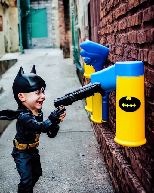 Image similar to happy batman firing super soaker water gun in an alleyway, everyone having fun, toy product advertisement, photography