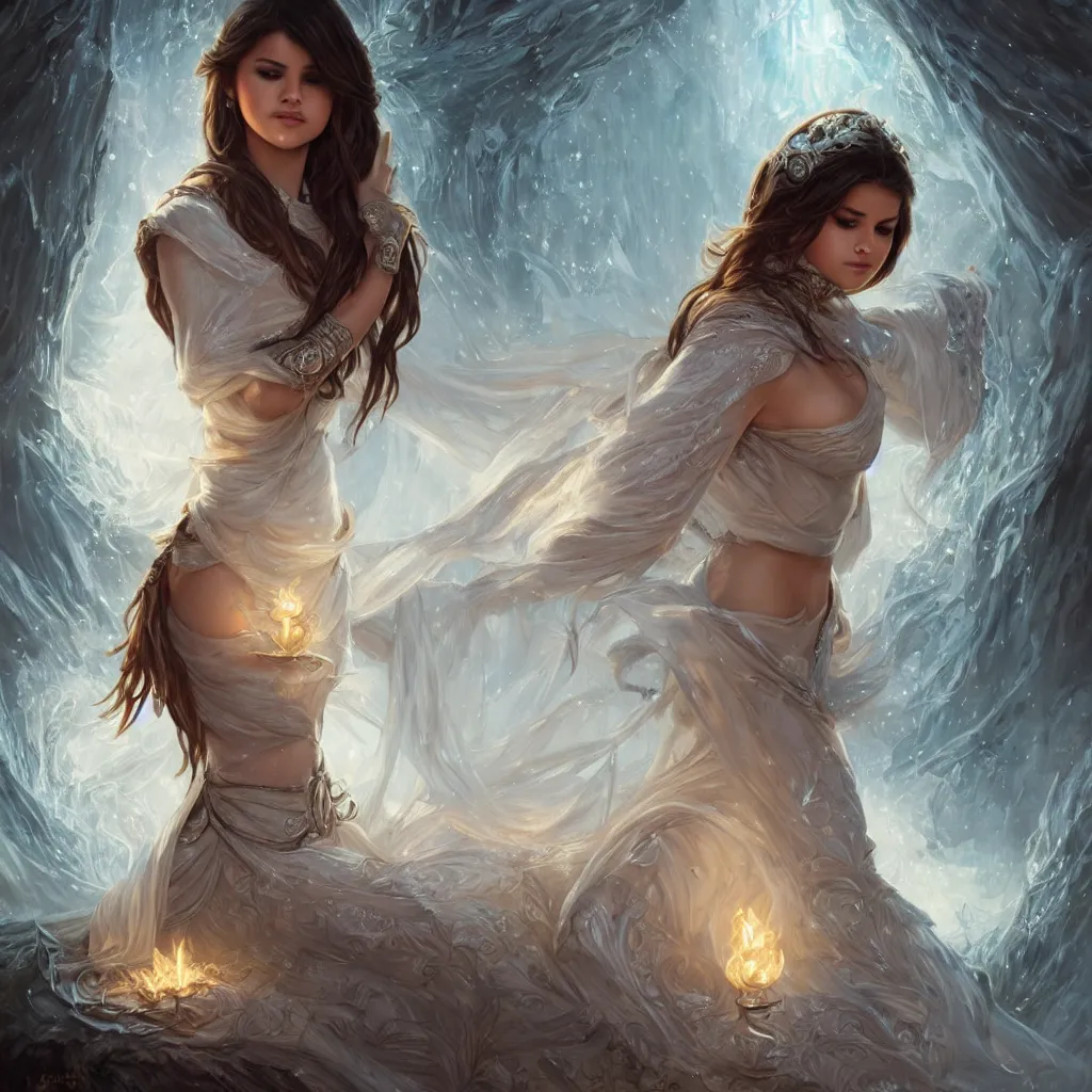 Prompt: Selena Gomez casting an frost spell, D&D, fantasy, intricate, elegant, highly detailed, digital painting, artstation, concept art, matte, sharp focus, illustration, hearthstone, art by Artgerm and Greg Rutkowski and Alphonse Mucha