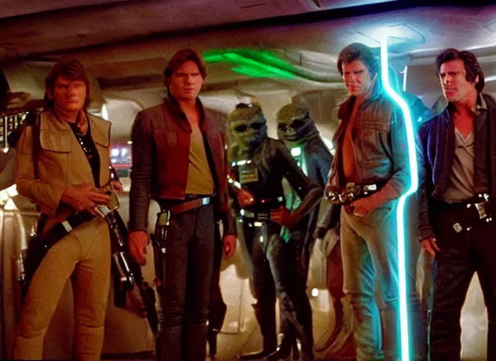 Prompt: screenshot of Han Solo, played by Harrison Ford, surrounded by Greedo Rodian alians outside a neon lit bar, from the 1970s Star Warsspy thriller film directed by Stanley Kubrick, in a sci-fi shipping port, last jedi, 4k HD, cinematic lighting, beautiful portraits, moody, stunning cinematography, anamorphic lenses, kodak color film stock