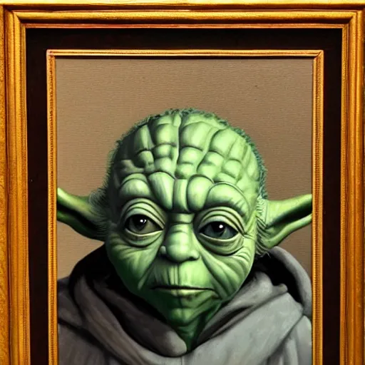 Image similar to a portrait painting of yoda from star wars in a renaissance style hanging in the louvre