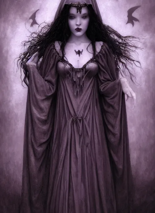 Prompt: masterpiece portrait enchanting gothic witch girl, by artgerm, h. r. giger, edmund leighton, haunting background by zdizslaw beksinski, james jean, elegant ceremonial robe details by gustave klimt, magick, volumetric lighting, porcelain skin, entranced, high detail, hyper photorealism, low angle, trending on artstation 8 k