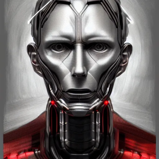 Image similar to ultron concept art, collages, hyper realistic, many variations portrait of very old thom yorke, face variations, statue of ultron by jama jurabaev, very long shot, cybernetic, high quality, brush stroke, for aaa game