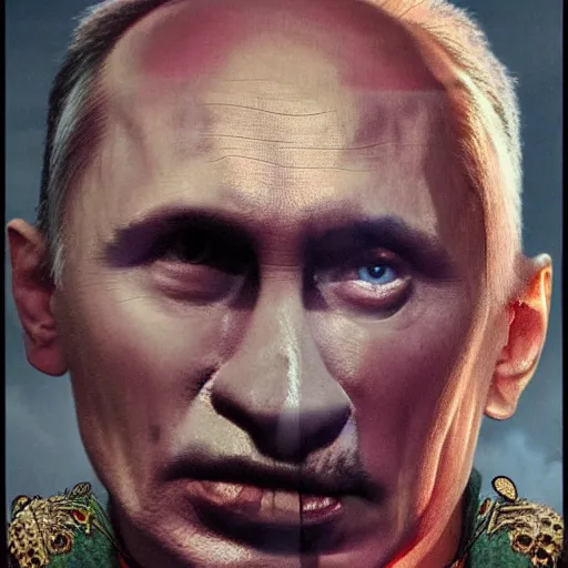 Image similar to stupid idiot degraded retard vlad putin photo - realistic, color image, hyper realistic, 2 k, highly detailed, occult art, by giger, fractal structure