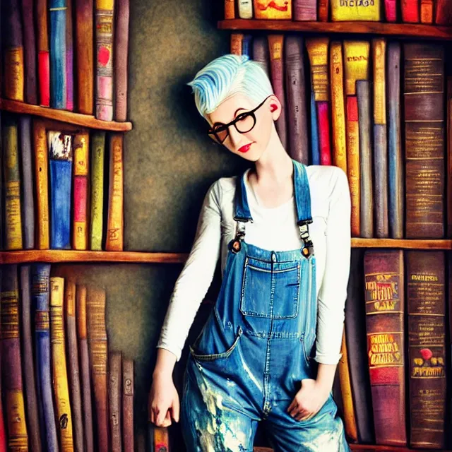 Image similar to full body pose, beautiful adult book fairy, pixar, short white hair shaved sides, dirty, grungy, grunge, long sleeve, painted overalls, stacks of giant books, highly detailed, 4 k, hdr, smooth, sharp focus, high resolution, award - winning photo, artgerm, photorealistic