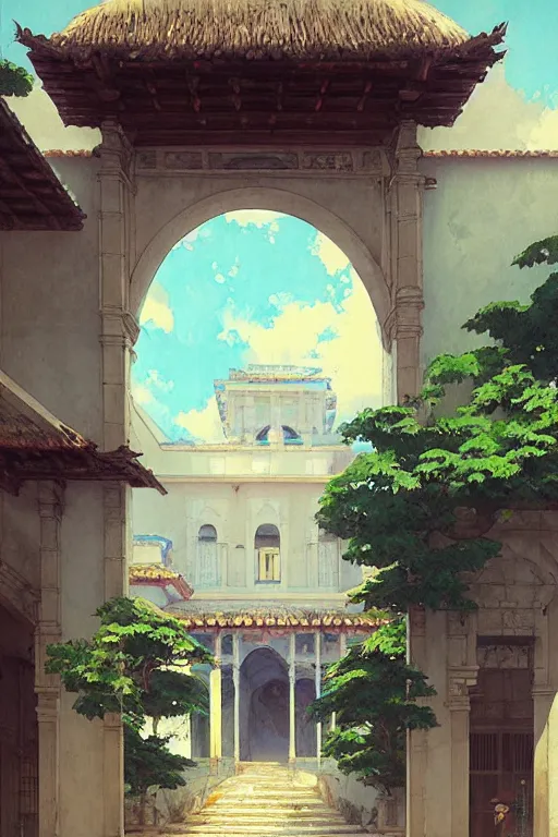 Image similar to the front of a spanish school, spanish architecture, tropical, by greg rutkowski makoto shinkai takashi takeuchi