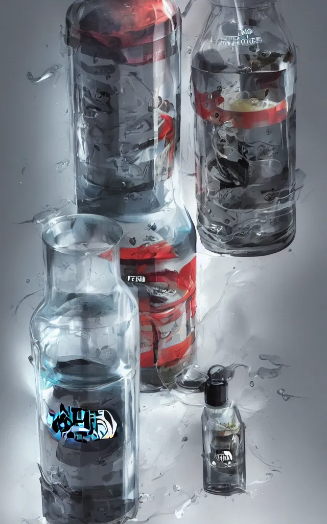 Prompt: the north face transparent bottle filled with with liquid, concept art, matte, sharp focus, illustration, art by aenaluck, artgerm