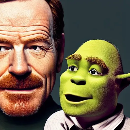 Image similar to closeup portrait of bryan cranston smoking meth with shrek