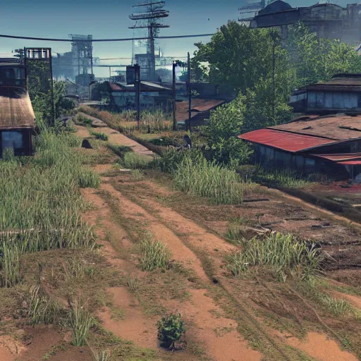 Prompt: sendai rice fields in ruins post - nuclear war in fallout 4, in game screenshot