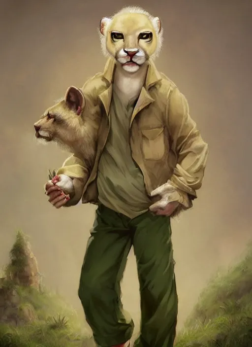 Prompt: fursona commission of a anthro albino mountain lion wearing a yellow button-down shirt and olive green slacks. pretty, beautiful, DnD character art portrait, matte fantasy painting, DeviantArt Artstation, by Jason Felix by Steve Argyle by Tyler Jacobson by Peter Mohrbacher, cinematic lighting