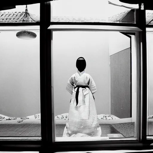 Prompt: woman in traditional hanbok waiting in living room while a giant Kaiju-eiga starfish is behind the window, 35mm film still, monochrome Wes Anderson and Fritz Lang