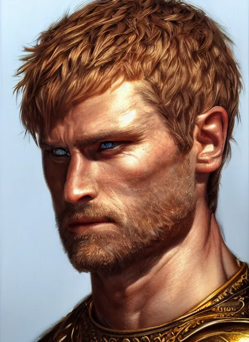 Prompt: highly detailed oil painting, masterpiece portrait warrior male lannister, fantasy character portrait, dynamic pose, above view, top lighting, realistic shaded, perfect face, 8 k realistic, hyper detailed, digital painting, artstation, concept art