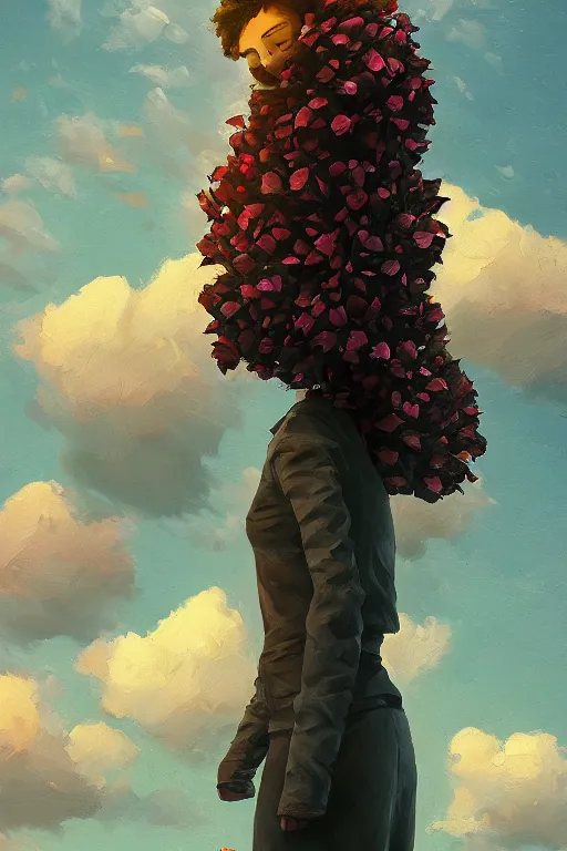 Prompt: portrait, giant flower head, a girl standing on the pillar, surreal photography, wind and cold, dramatic sky, impressionist painting, digital painting, artstation, simon stalenhag