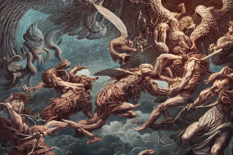 Image similar to hyper detailed digital illustration of angels battling demons