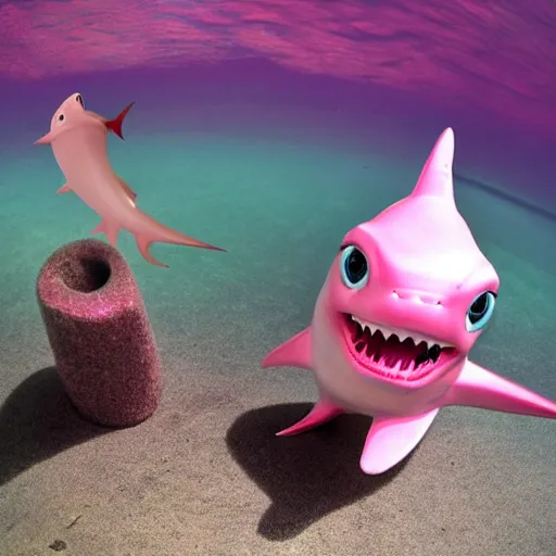 Prompt: pink fongs baby shark taking a big hit out of a bong