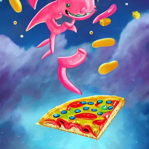 Prompt: highly detailed concept art in of a happy little pink dolphin flying through space eating pizza and cheese, where the planets are candy, hd, trending on artstation