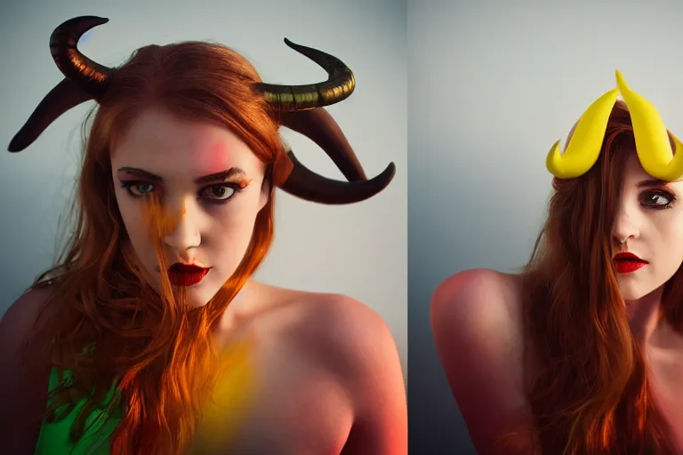 Image similar to pretty demon girl with horns photograph in the style of clemens ascher, colorful, realistic, 8 k