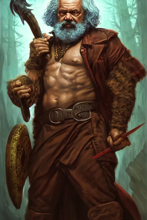 Image similar to character portrait of karl marx as a buff wild magic barbarian with a tattoo of an eye on the forehead, dungeons and dragons cover artwork, dynamic composition, dramatic lighting, trending on artstation, award winning art, stylized painting by sophie anderson, wayne barlowe, richard corben, concept art, 4 k, 8 k, gold and teal color scheme