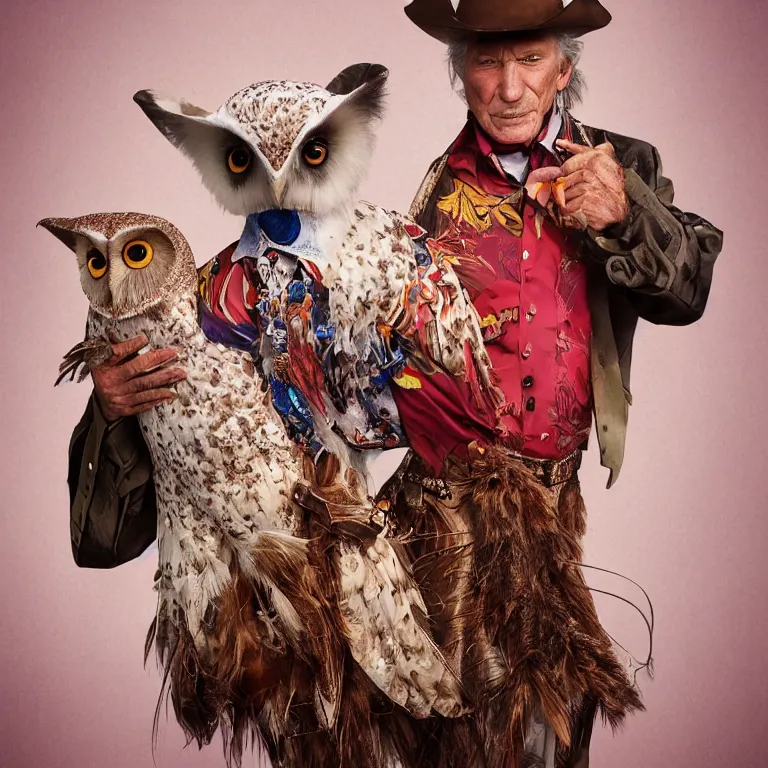 Image similar to high fashion photoshoot octane render portrait by wayne barlow and carlo crivelli and glenn fabry, a distinguished old cowboy wearing a colorful wes anderson designed cowboy costume and holding a barn owl inside a high - end exotic colorful pastel vintage boutique hotel lounge, very short depth of field, bokeh