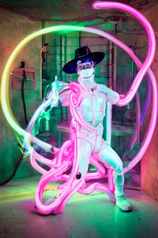 Prompt: full-body baroque and bladerunner style pink neon and ceramic statue of a muscular attractive pale Nick Jonas ninja macho dotado android thrusting sim roupa con piroca dura, glowing white face, baseball cap of green steampunk lasers, emeralds, swirling white silk fabric. futuristic elements. prismatic liquid rainbow light, full-length view. space robots. human skulls. throne made of bones, intricate artwork by caravaggio. Trending on artstation, octane render, cinematic lighting from the right, hyper realism, octane render, 8k, depth of field, 3D