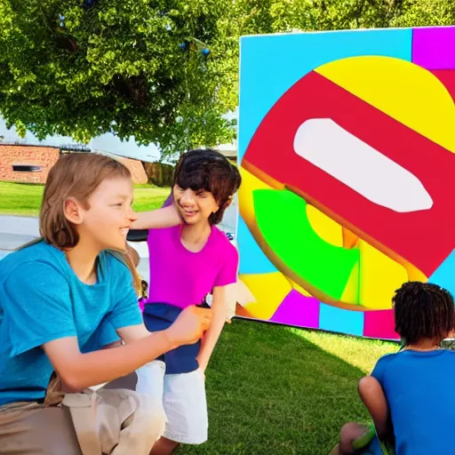 Image similar to photo of (kids with computers)!! outside in the sun, large roblox!! shapes floating all over, bright colors