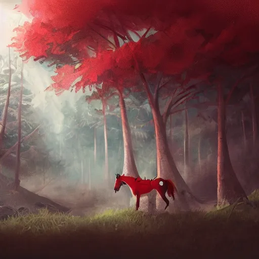 Image similar to a little red riding a horse through a forest, a storybook illustration by nina tryggvadottir, pixiv contest winner, environmental art, 2 d game art, storybook illustration, concept art