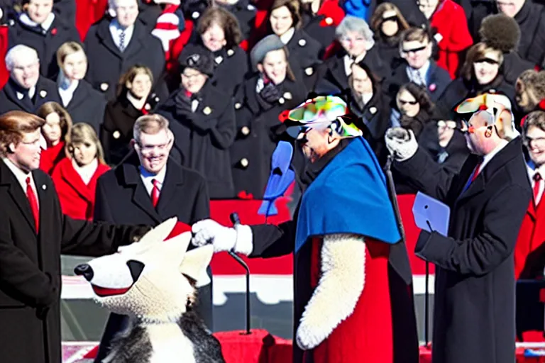 Image similar to photo of the usa presidential inauguration, a wolf fursuiter being inaugurated as president