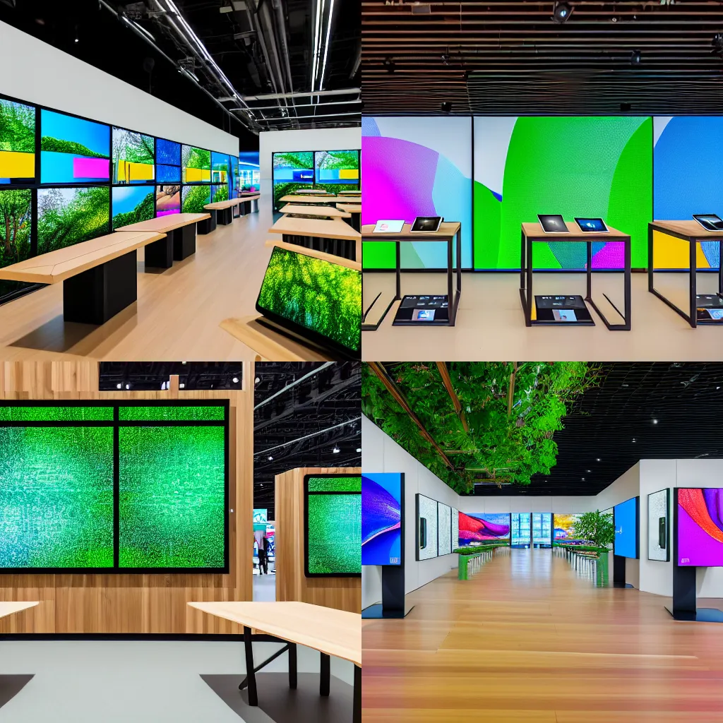 Prompt: (mobiles and tablets on display on large tables in a wood and concrete flagship retail interior Samsung Microsoft Apple empty stools, verdant plants, colorful digital screens) muted colors, XF IQ4, 14mm, f/1.4, ISO 200, 1/160s, 8K, RAW, unedited, symmetrical balance, architectural photography, in-frame