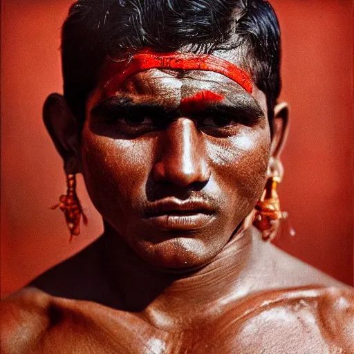 Image similar to color photo, closer up portrait of indian kushti wrestler by richard avedon, realistic, Leica, medium format, cinematic lighting, parallax, high resolution,