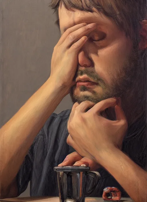 Prompt: insanely detailed portrait of a sleepy - looking programmer guy begging for forgiveness in front of his ultrawide monitor, oil on canvas, masterwork, fine detail, trending on artstation, emotive, insanely compelling, ryden, koons, moebius