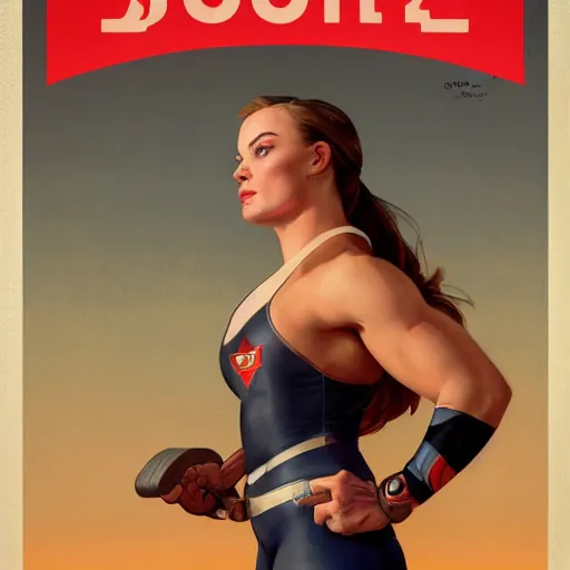 Image similar to socialist realism propaganda poster of margot robbie as beautiful female weightlifter from overwatch, portrait, profile picture, socialist realism, highly detailed, intricate, digital painting, artstation, sharp focus, illustration, art by jakub rozalski, greg rutkowski, artgerm, tan zi and ayanamikodon and alphonse mucha and wlop