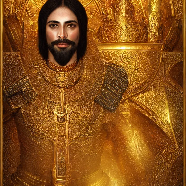 Prompt: highly detailed portrait of agharta ´ s king brightening on gold majestic in the entrance castle kingdom of agharta, land of advanced races, giant, hollow earth infographic, hiperrealistc, global illumination, radiant light, detailed and intricate environment, trending on artstation, art by oleg oprisco, 8 k