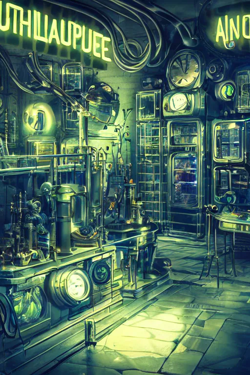 Prompt: wide angle on mad steampunk laboratory filled with alchemy equipment, pespective giant neon screens, sci - fi vending machine, art deco, octane render, dynamic light, volumetric light, neon lights, cinematic mood