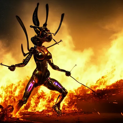 Image similar to beautiful humanoid insect woman, destroying an army, fire, destruction, apocalypse, hyperrealistic, cinematic, digital art, artstation, concept art, 4k, 8k