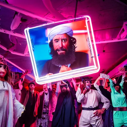 Image similar to 4 k portrait sony a 7 f 2. 8 of a gigantic president joe biden as a taliban leader surrounded by dancing instagram models with neon lighting and moody cloudy skies