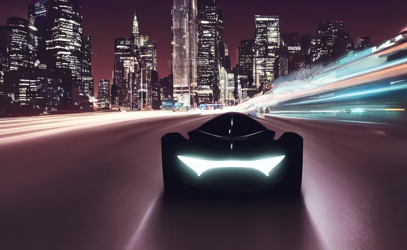 Image similar to A film still of the 2025 Batmobile driving through Gotham at night, 8k