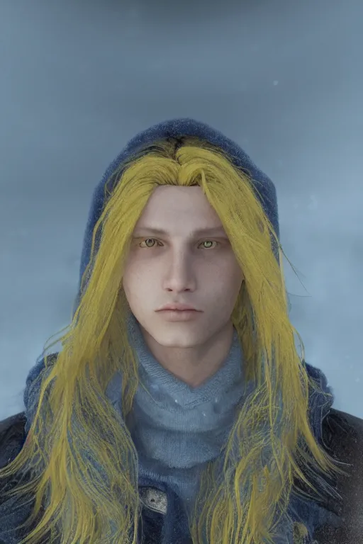 Image similar to a male teenager with long blue hair and yellow eyes wearing a winter overcoat, hyperrealistic, concept art, octane render, unreal engine 5, trending on artstation, high quality, 8 k, highly detailed, digital art, anatomically correct, symmetrical, realistic and defined face, high coherence, path traced, face portrait, yellow eyes, blue hair