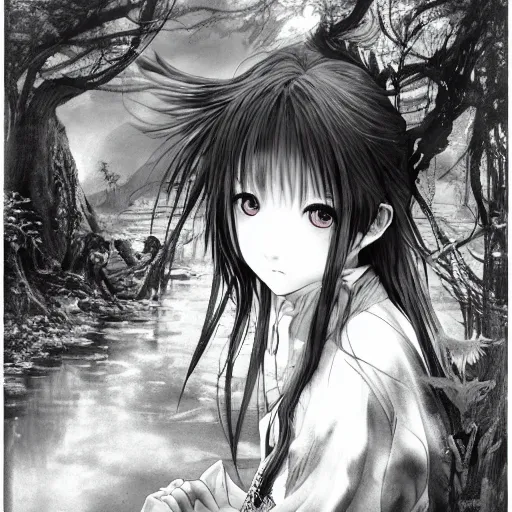 Image similar to a portrait of a character in a scenic environment by Yoshitaka Amano, black and white, dreamy, dark eyes, wavy silver hair, highly detailed