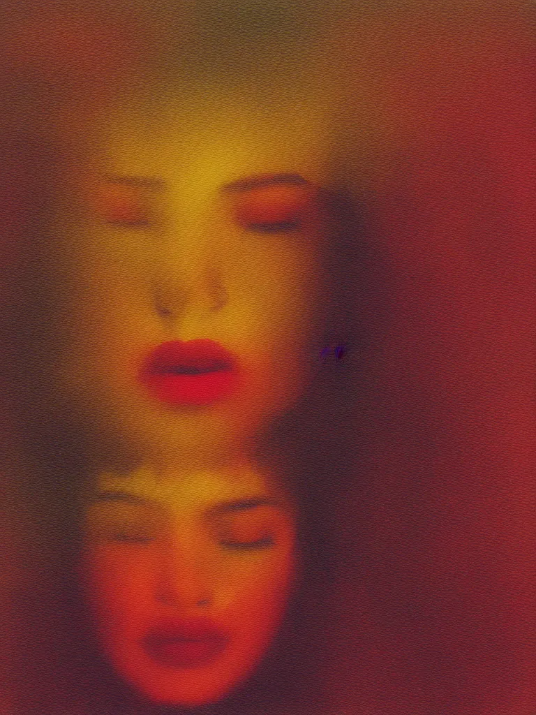 Image similar to a woman's face in the water, serene emotion, new polaroid, glitchy patterns, hazy, red, orange, yellow, soft lighting