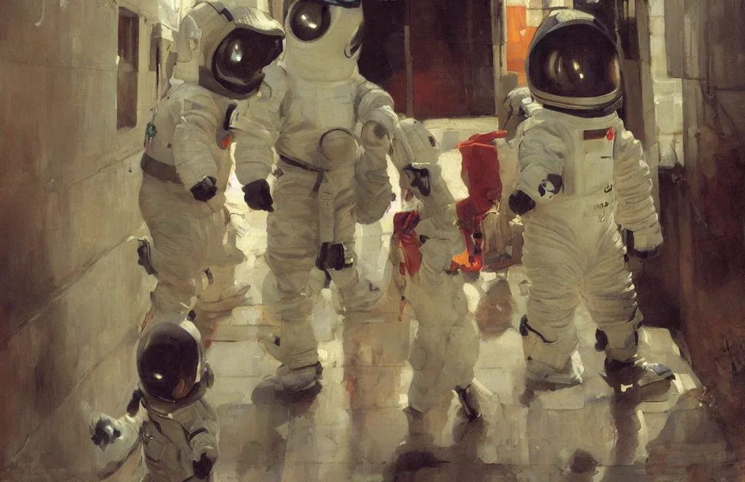 Image similar to 1 child dressed as spacemen, in an alleyway detailed painting, epic lighting, by ilya repin, phil hale and kent williams