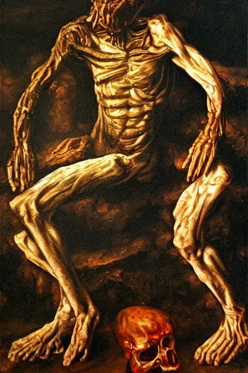 Image similar to the last human on earth, detailed baroque oil painting, dark, disturbing