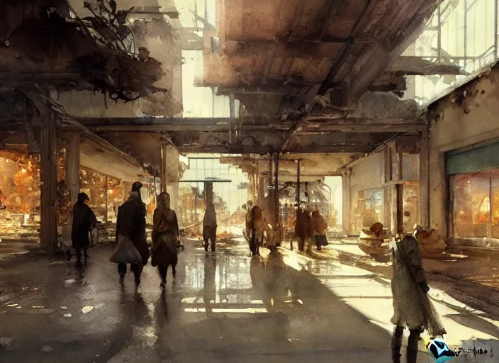 Prompt: watercolor painting of shopping center ruins, old signs, walls, very beautiful lighting, art by anders zorn, wonderful masterpiece by greg rutkowski, cinematic light, american romanticism by greg manchess, creation by tyler edlin