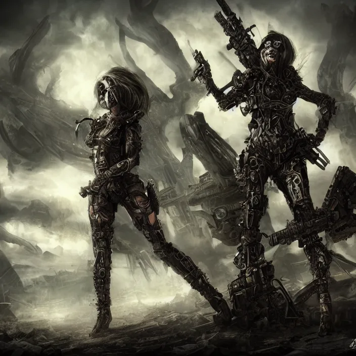 Image similar to apocalyptic woman attached to machine weaponry, hyper - detailed, smooth, sharp focus, 4 k ultra hd, fantasy dark art, apocalyptic art