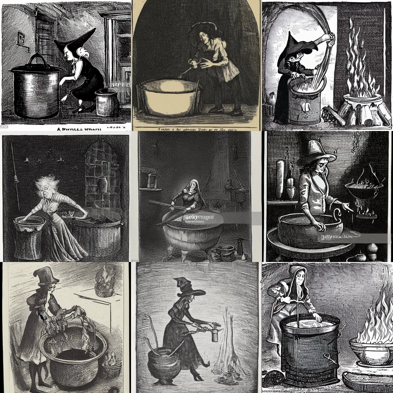Prompt: an etching of an evil witch who is stirring in a cauldron that is placed over a fire. The room is dimly lit