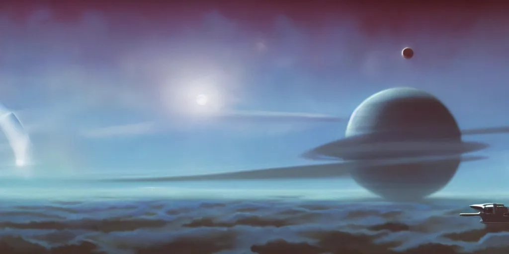 Image similar to blue dreamy cloudscape with a single planet in the clouds, daylight, cinematic lighting, cinematic perspective, syd mead, john harris, federico pelat,